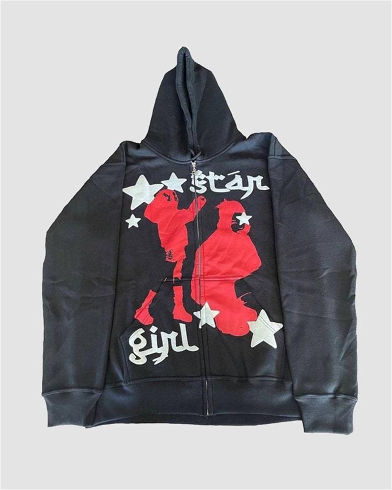 Grunge Star Print Zip Up Hoodie