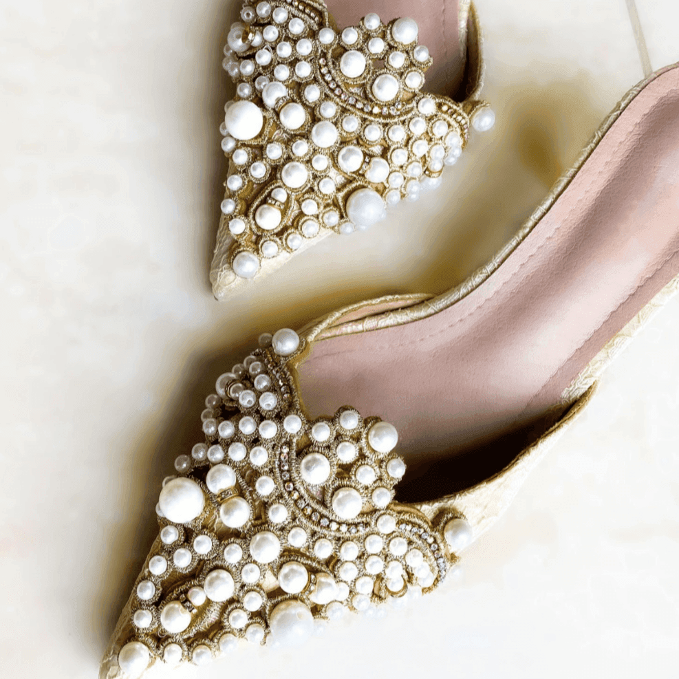 White Pearl Jeweled Lace Satin Heels