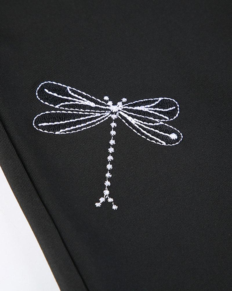 Dragonfly Embroidered Skinny Fared Pants