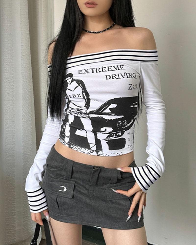 Off Shoulder Driving Graphic T-Shirt