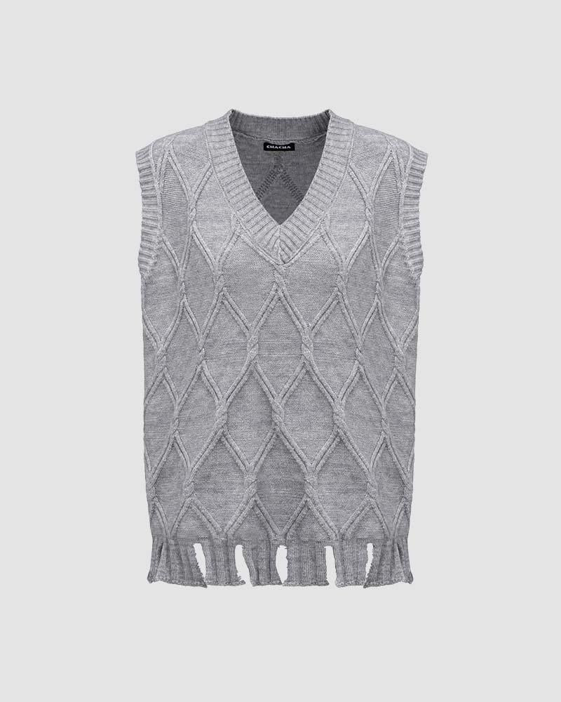 Hallow Eyes Cable Knit Distressed Sweater Vest