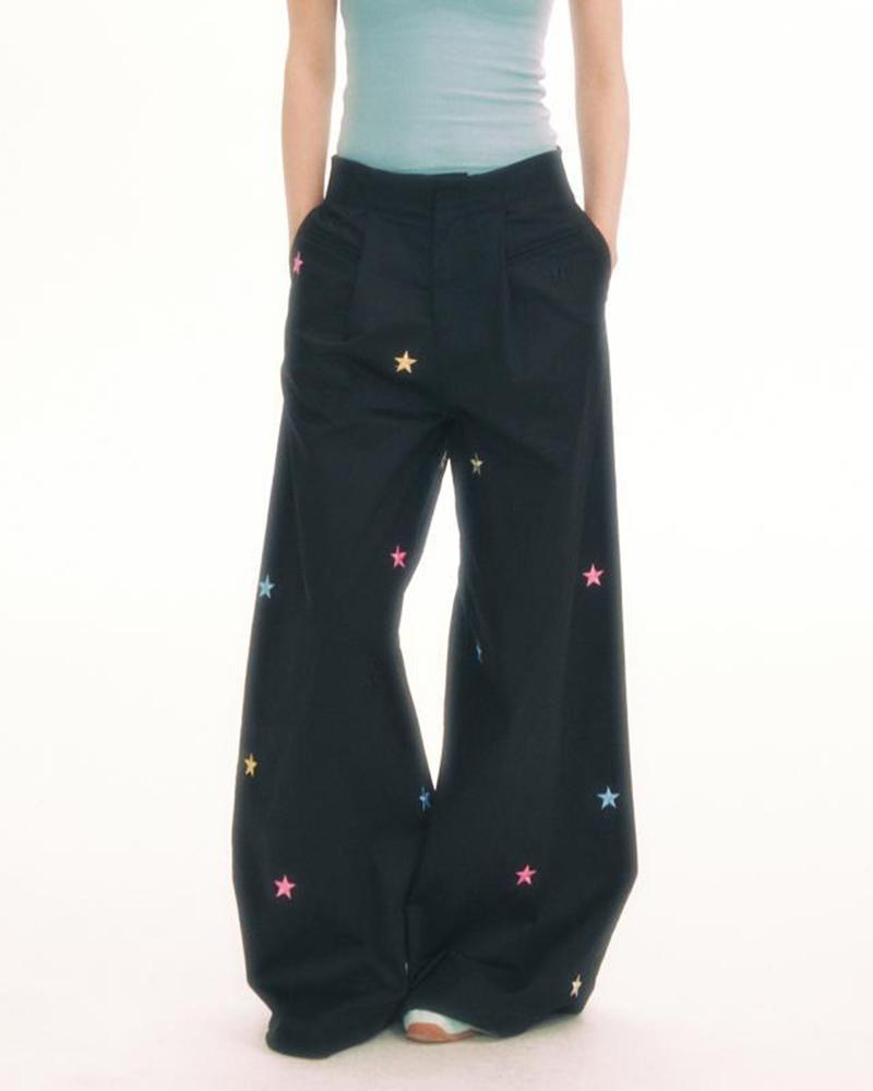 Colorful Star Embroidered Black Cargo Pants