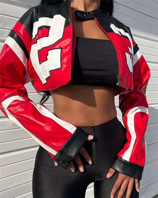 Letter Print Leather Crop Jacket