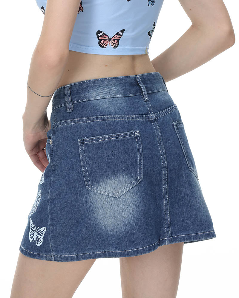 Butterfly Imprint Denim Skirt