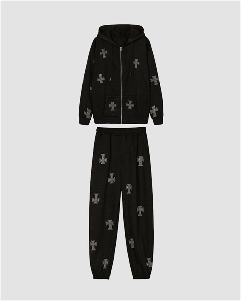 Cross Rhinestone Oversized Hoodie Coord Set