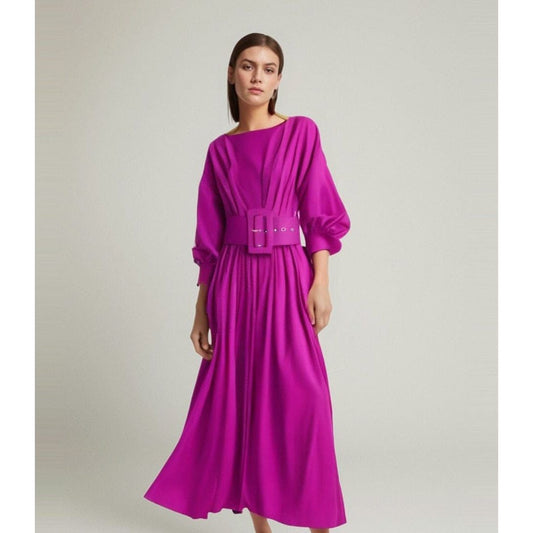 The Genevieve Long Sleeve Pleated Dress - Purple