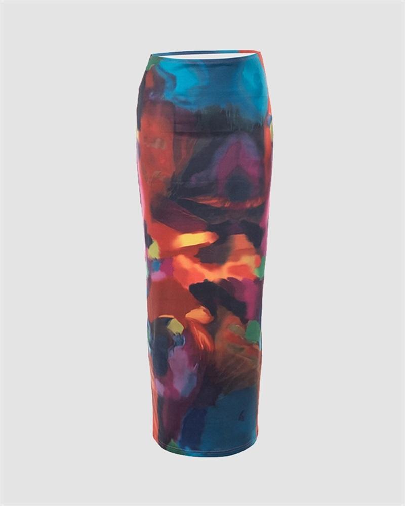 Van Gogh Color Print Maxi Skirt