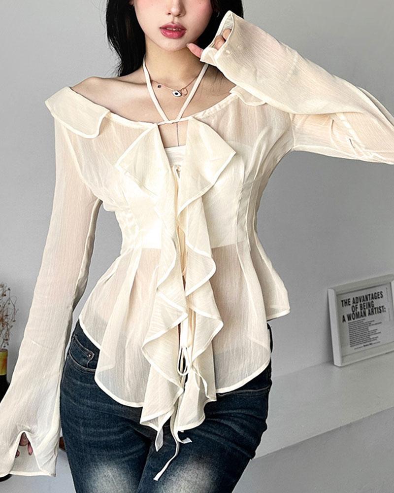 Off Shouder Ruffles Lace Up Blouse