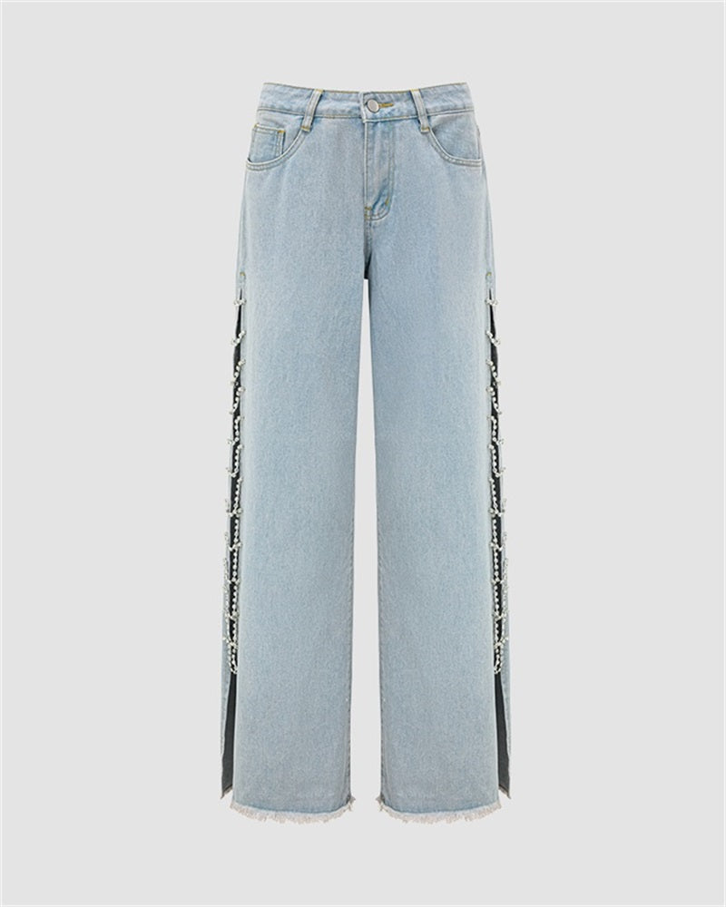 Metal Chain Slit Denim Jeans