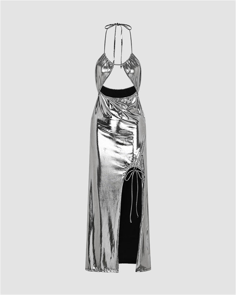 Silver Metallic Party Side Split Dress