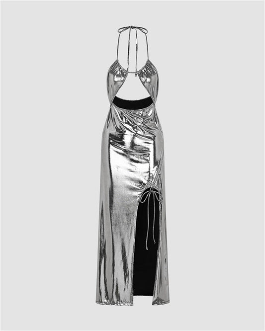 Silver Metallic Party Side Split Dress