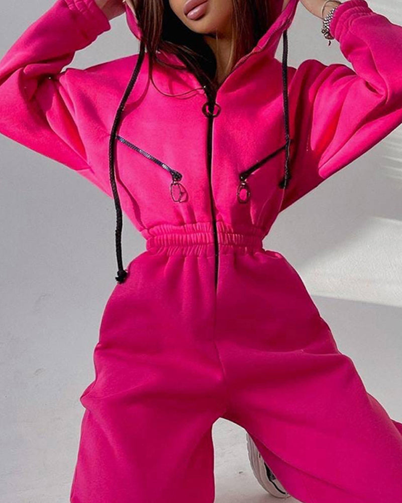 Zipper Hooded Sports Jumpsuit