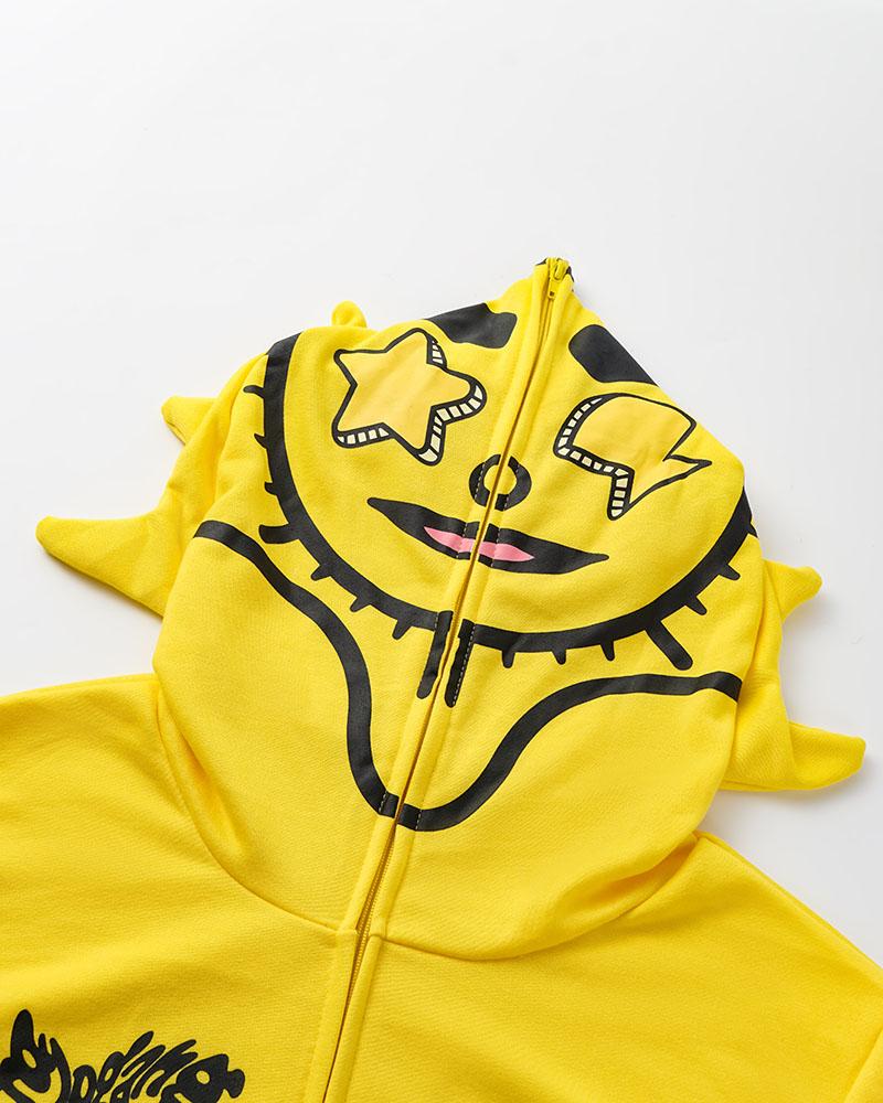 Funny Hood Face Print Zip Hoodie