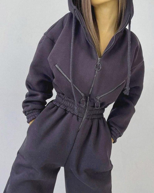 Zipper Hooded Sports Jumpsuit