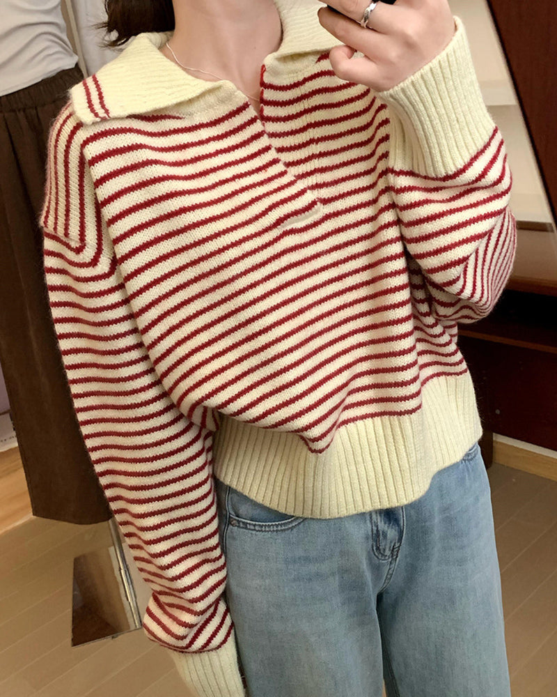 Retro Polo Collar Striped Sweater