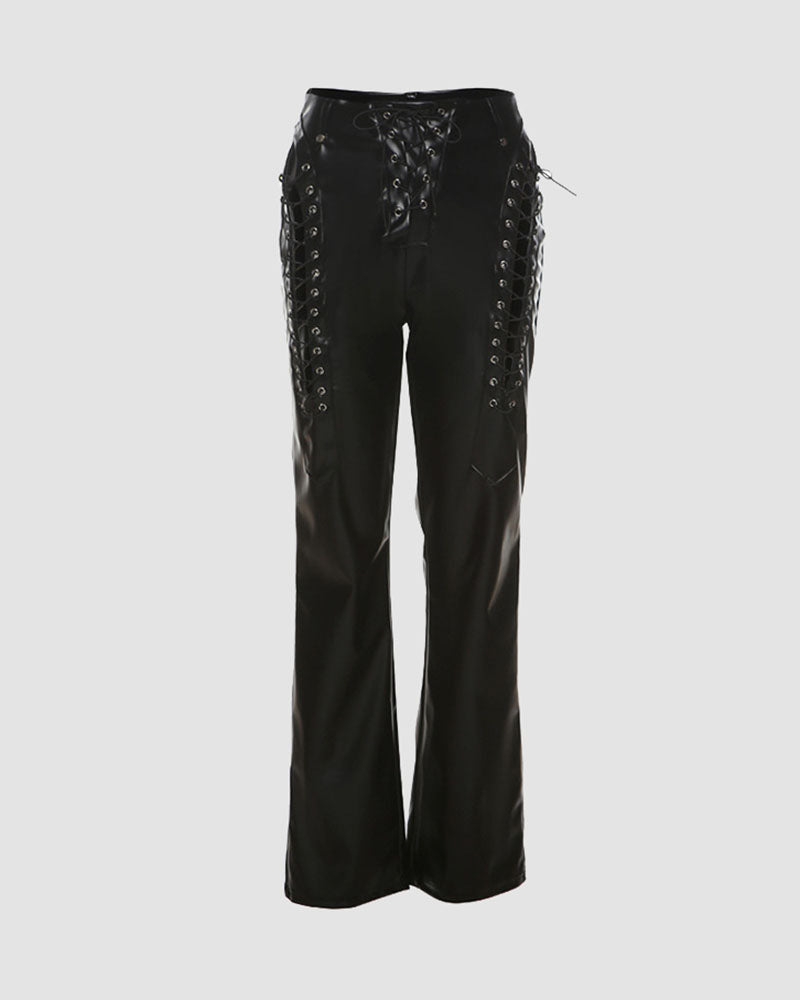 Lace Up Peekaboo PU Pants