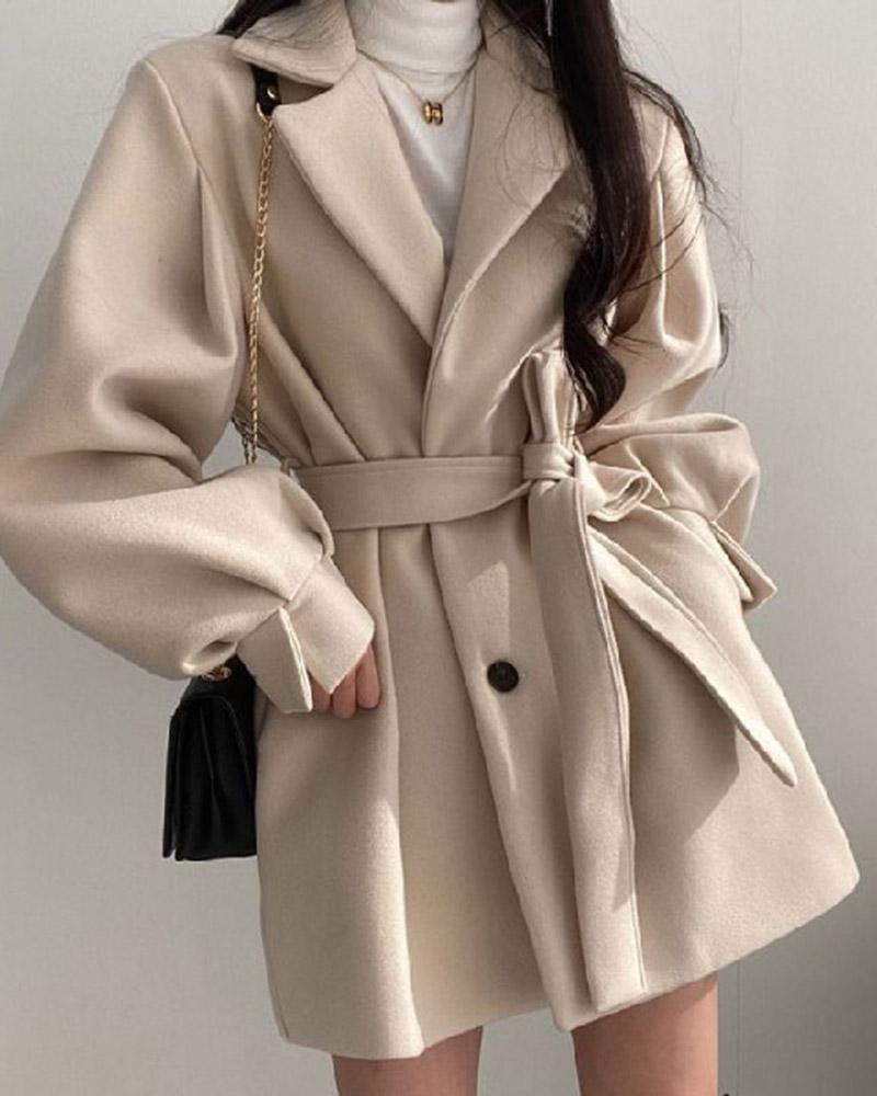 Puff Sleeve Belted Woolen Coat