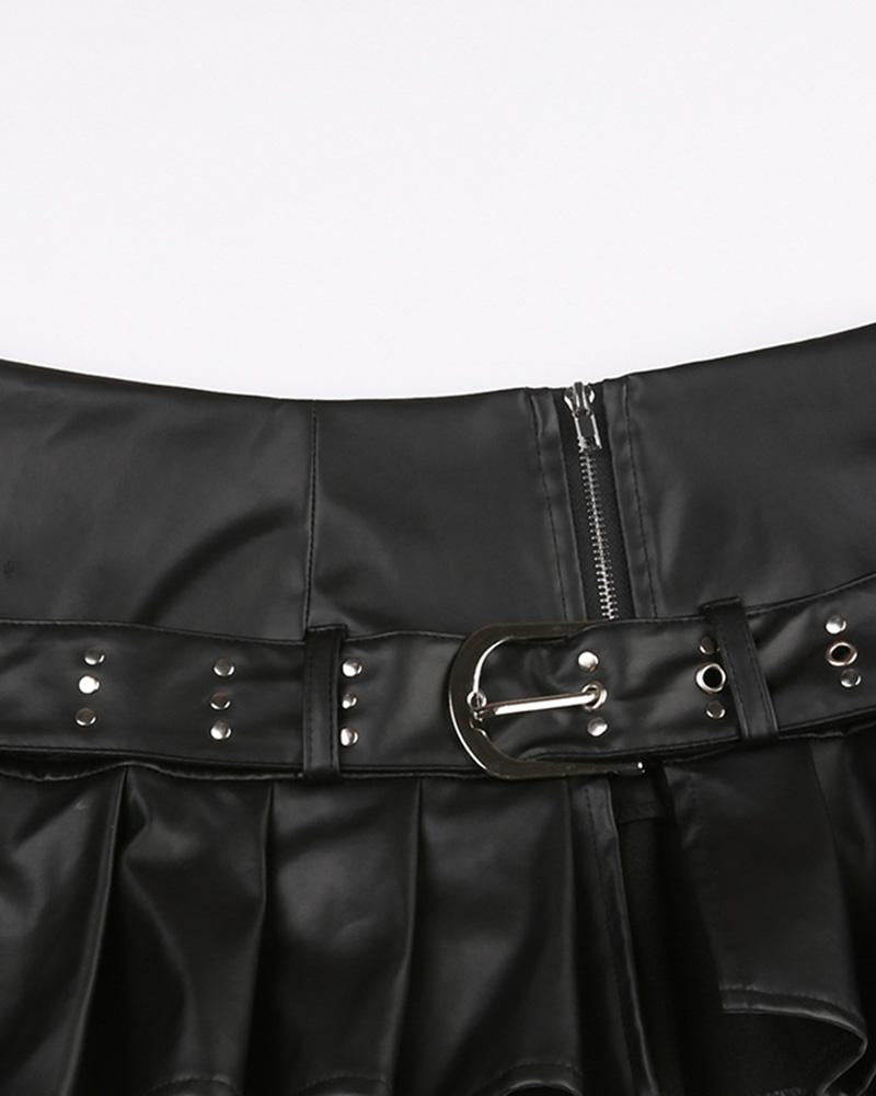 PU Rivet Waist Buckle Decorative A-Line Skirt