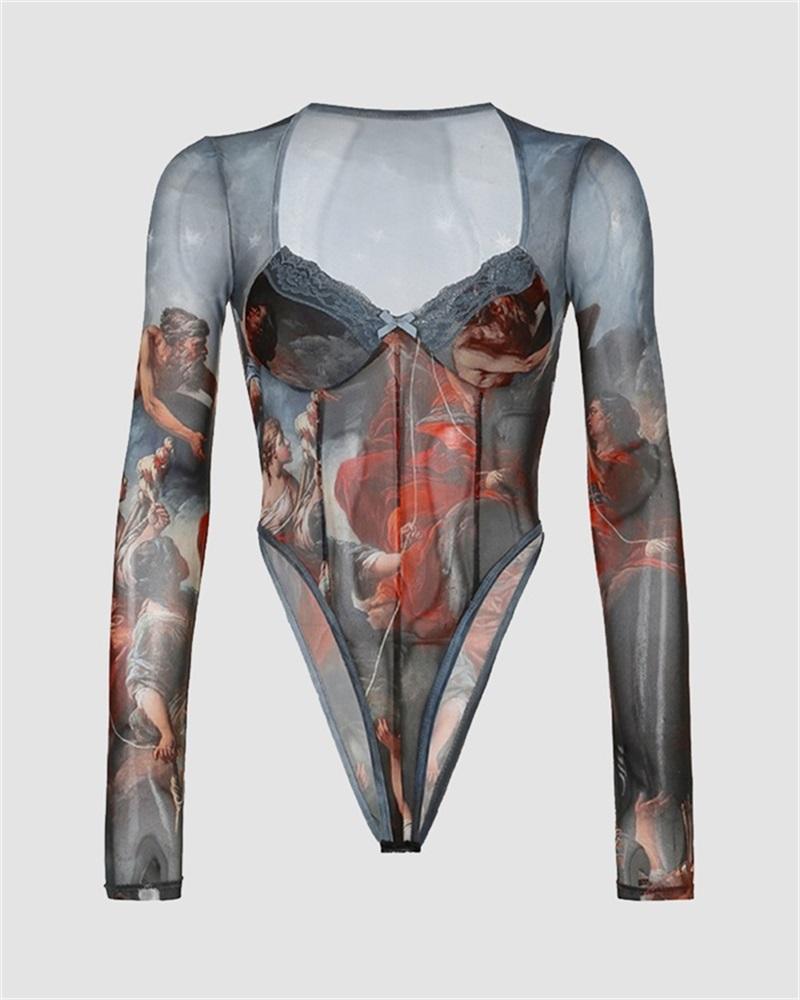 Retro Renaissance Print V-Neck Bodysuit