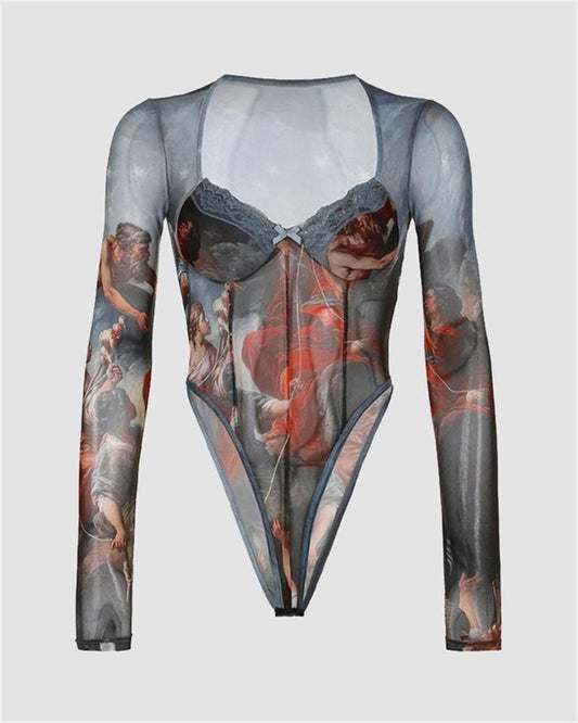 Retro Renaissance Print V-Neck Bodysuit