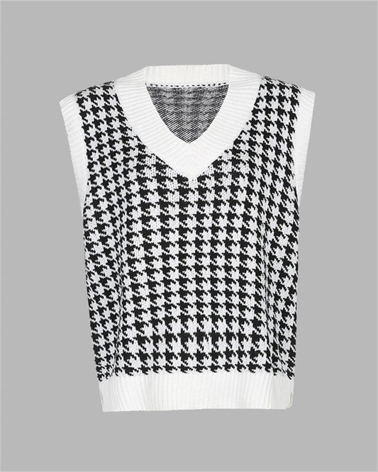 Houndstooth V Neck Sweater Vest