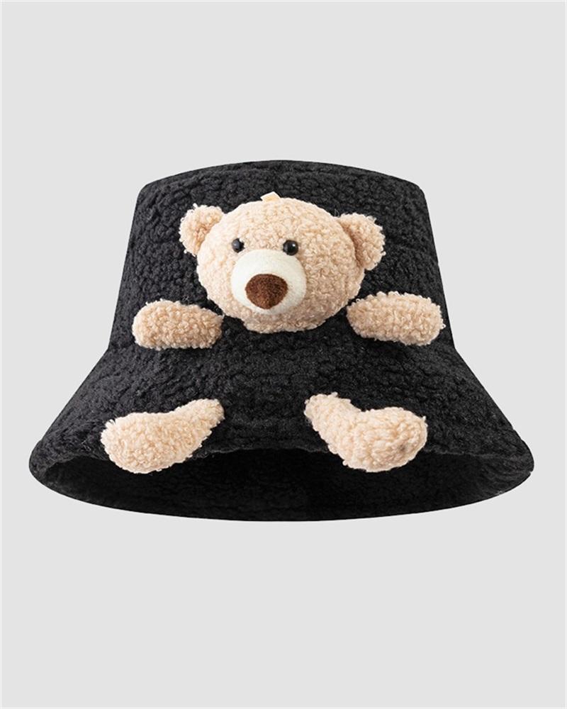 Teddy Bear Decorated Fuzzy Bucket Hat