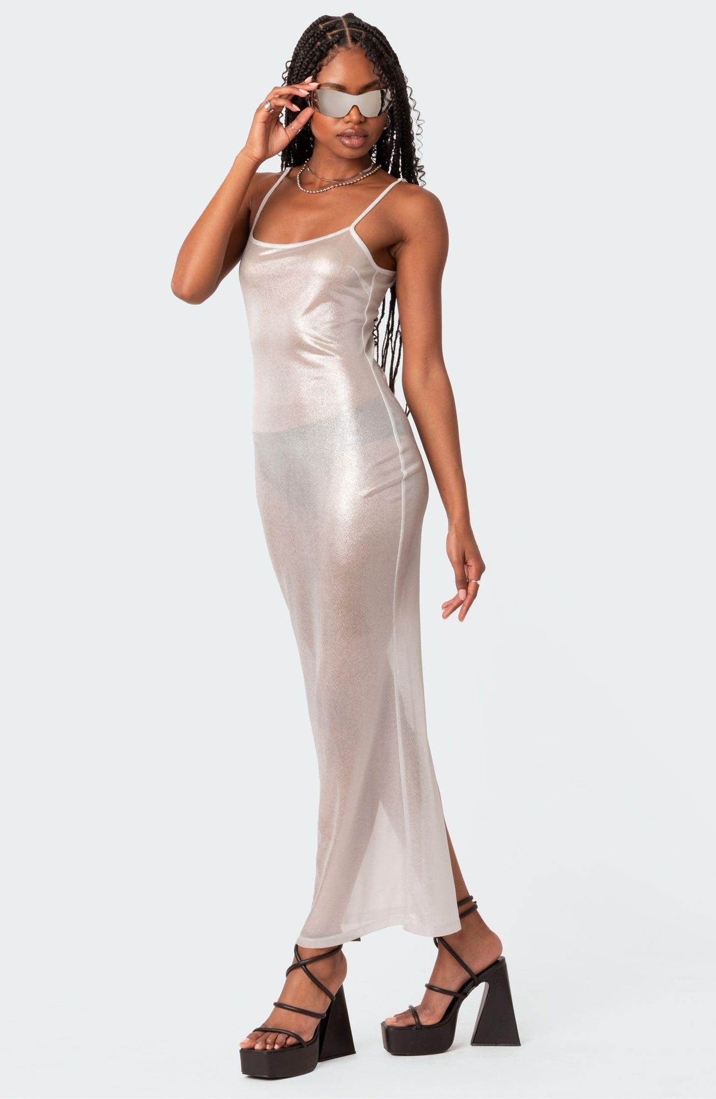 Focused On Me Sheer Metallic Maxi Dress