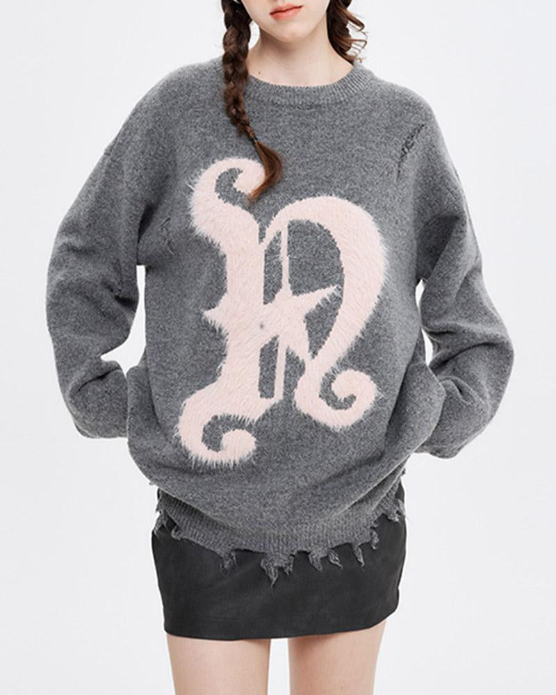 Grunge-Style Letter Oversized Sweater