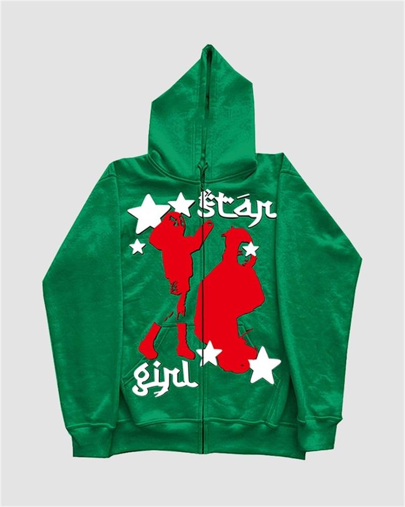 Grunge Star Print Zip Up Hoodie