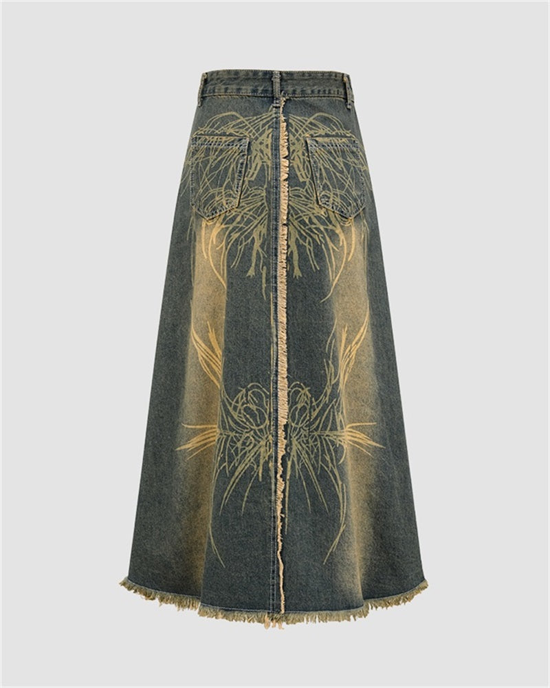 Totem Print Pattern Denim Skirt