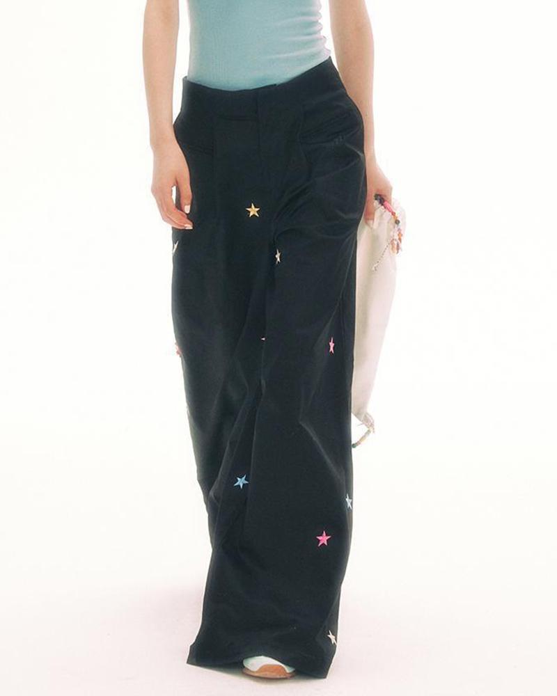 Colorful Star Embroidered Black Cargo Pants