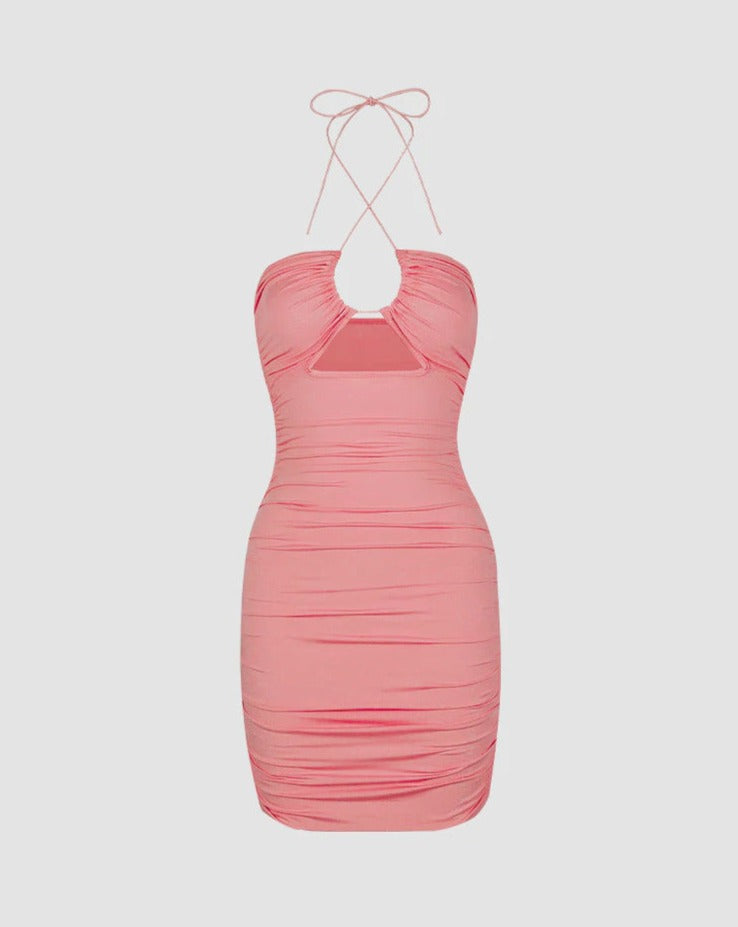 Clam Ruched Bodycon Halter Dress