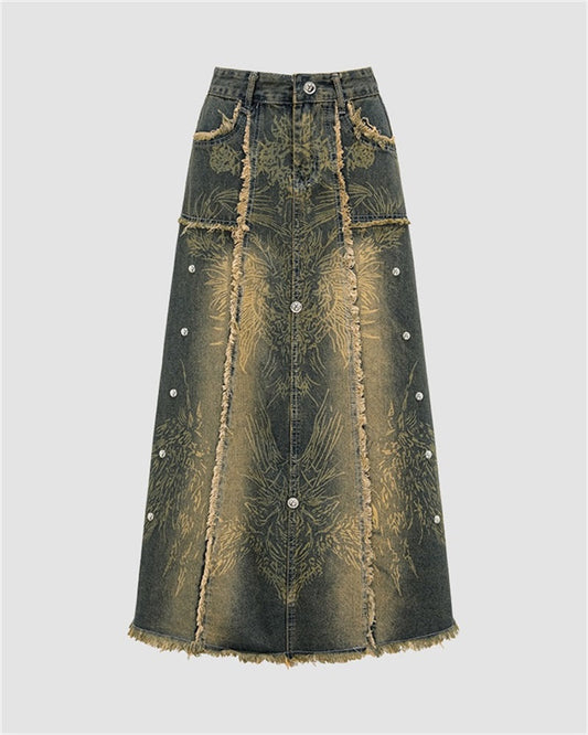 Totem Print Pattern Denim Skirt