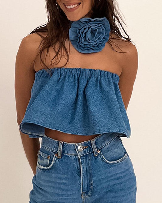 Alasia Bud Accent Denim Top