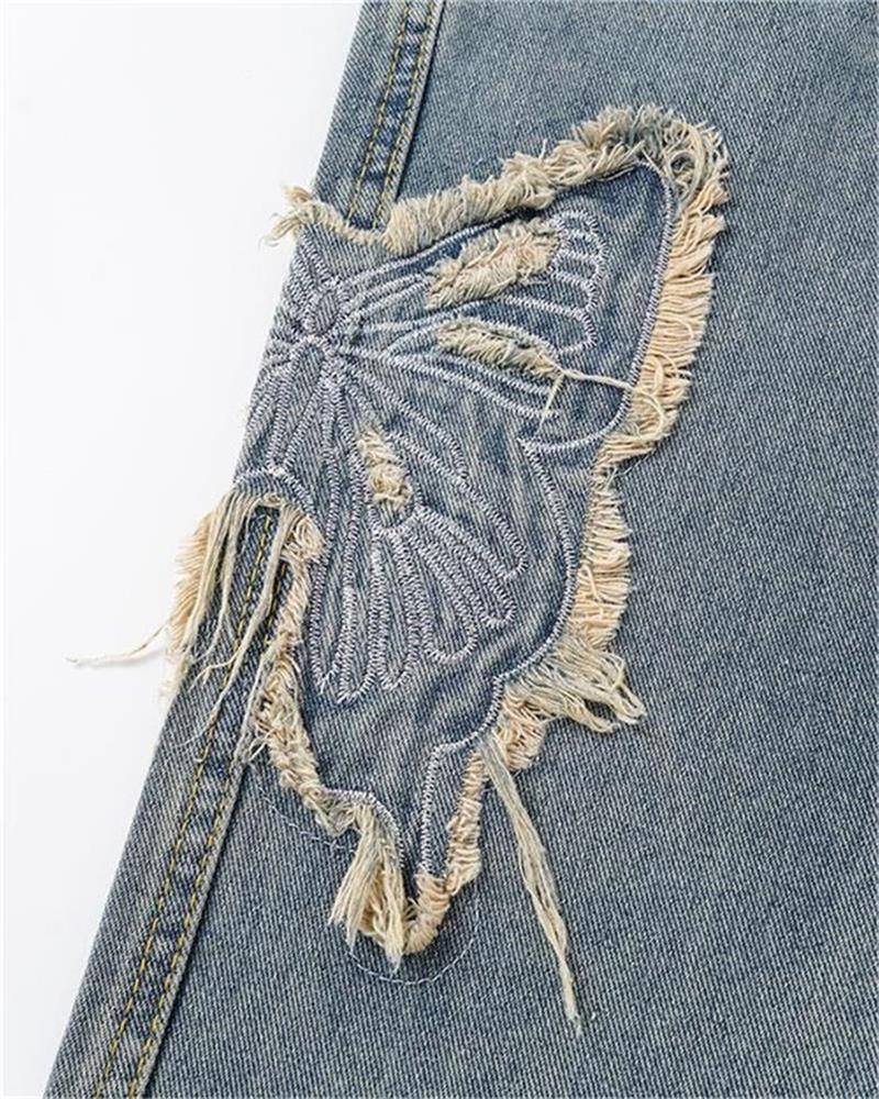 Distressed Butterfly High Rise Flare Jeans