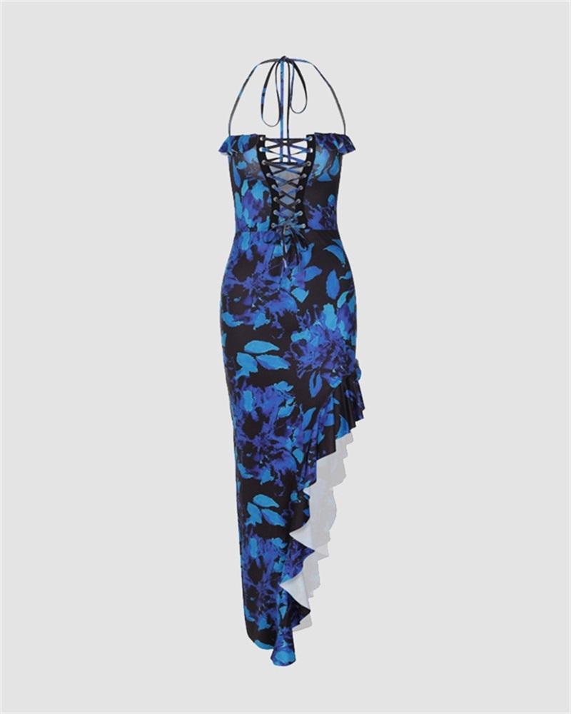 Blue Petals Maxi Halter Dress