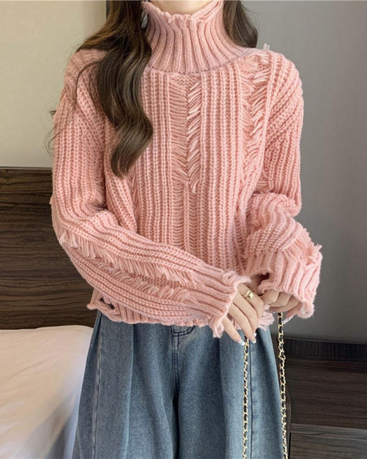 Tassel Pierced High Neck Pullover Sweater