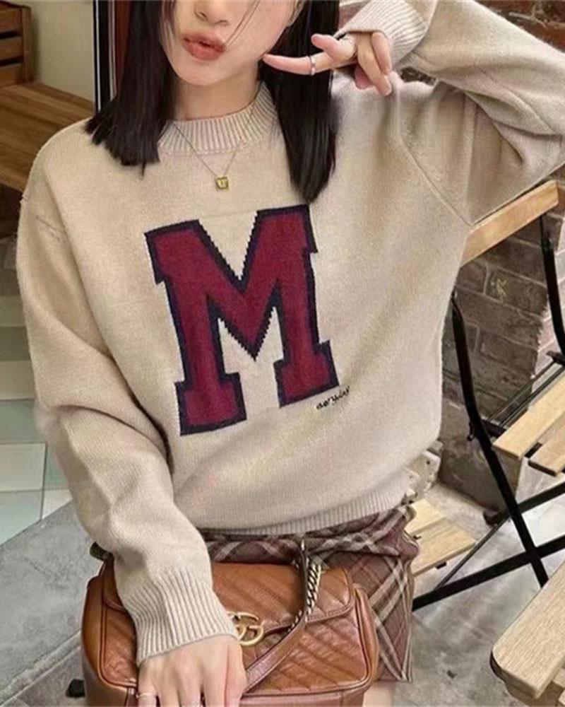 American Retro Campus "M" Letter Pullover Sweater