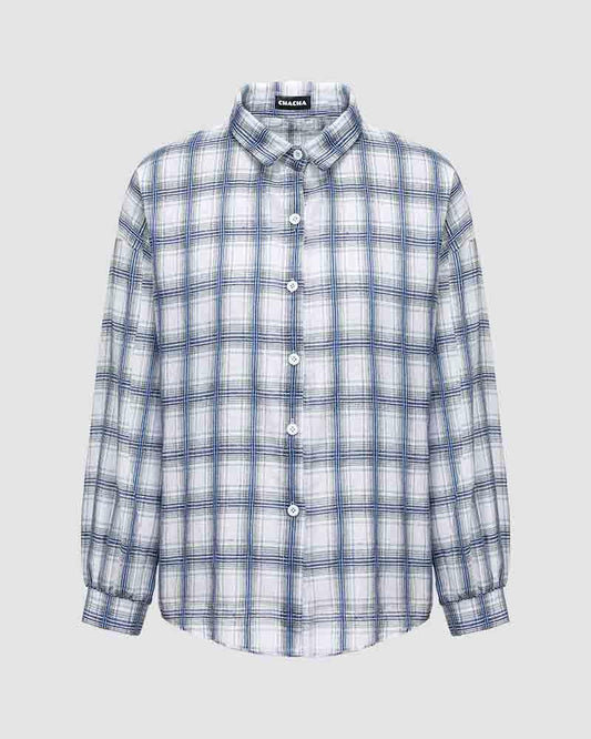 Suthmeers Puff Sleeves Plaid Shirt