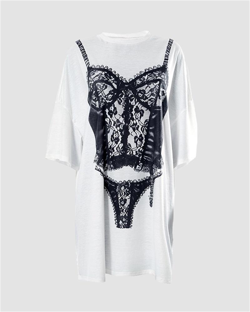 Bikini Lace Print Oversized T-shirt