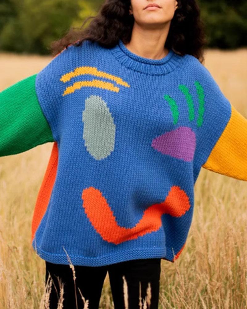 Multicolored Smiley Face Chunky Sweater