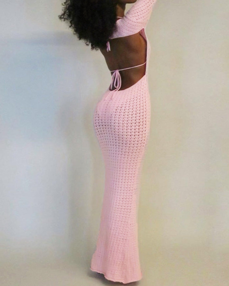 Open Back Mesh Crochet Long-Sleeved Maxi Pink Dress