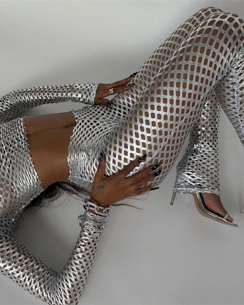 Liquid Metal Mesh Cut-Out Long-Sleeve Set