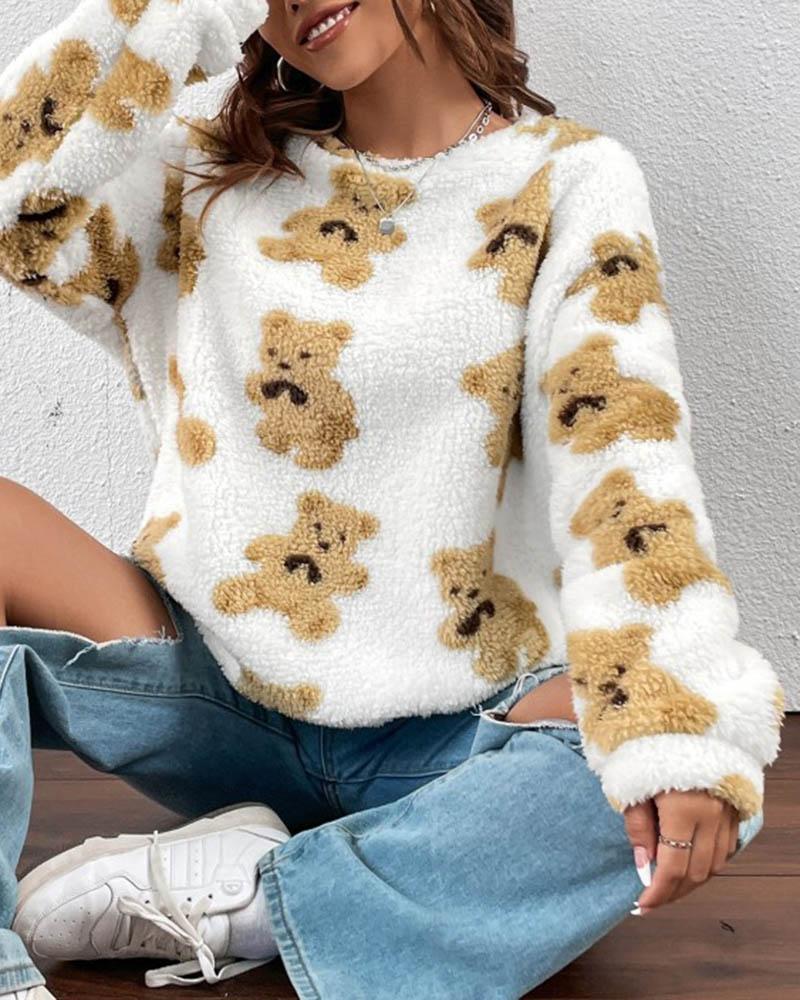 Teddy Bear Print Pullover Sweatshirt