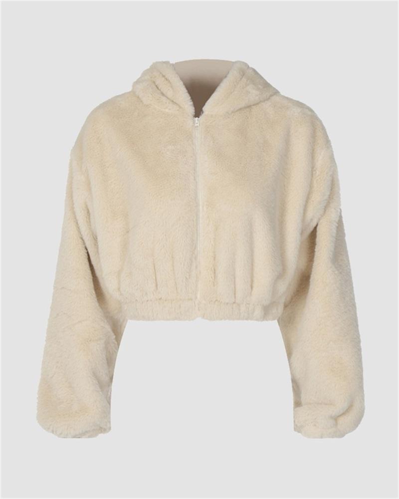 Zipped Hooded Plush Jacket