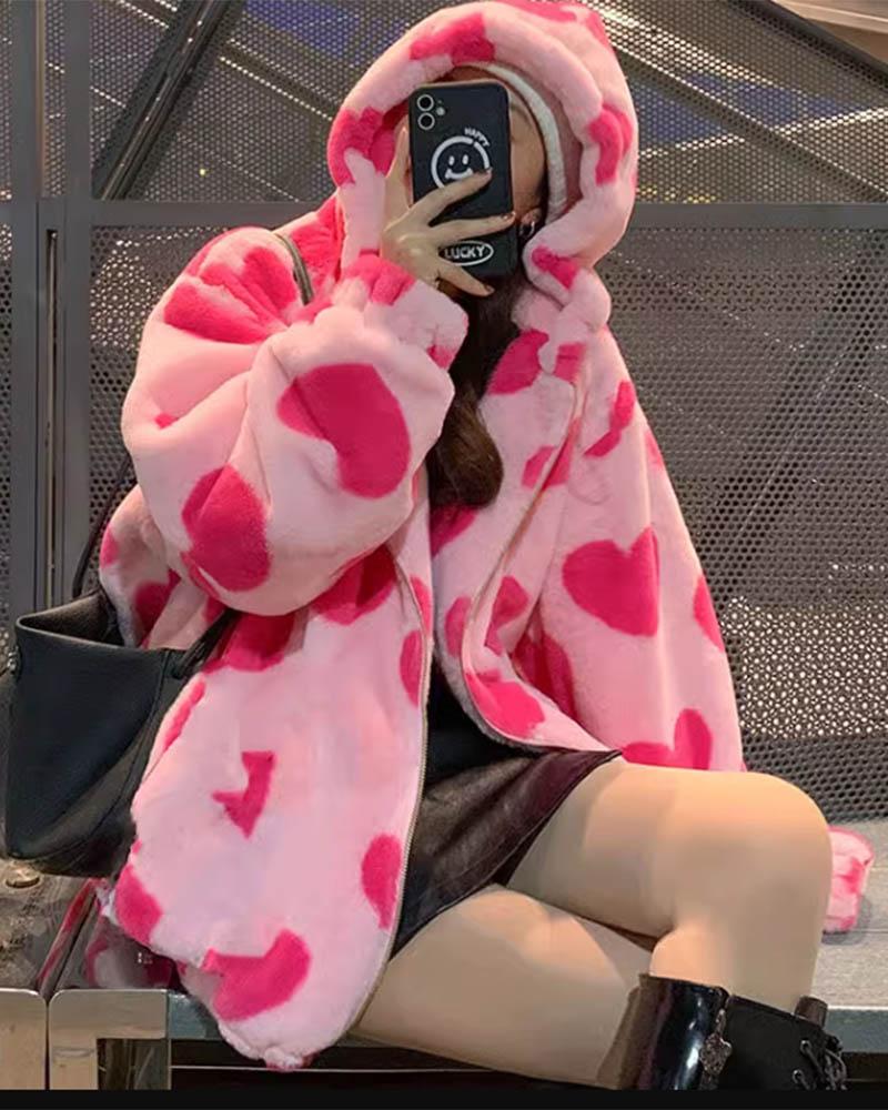 Heart Print Fuzzy Hooded Jacket