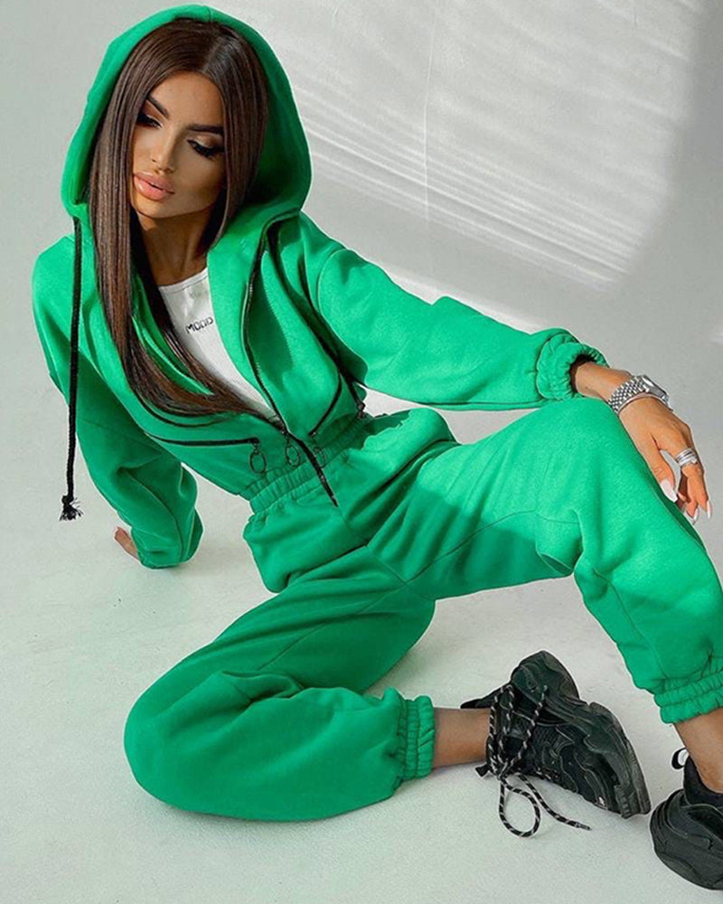 Zipper Hooded Sports Jumpsuit