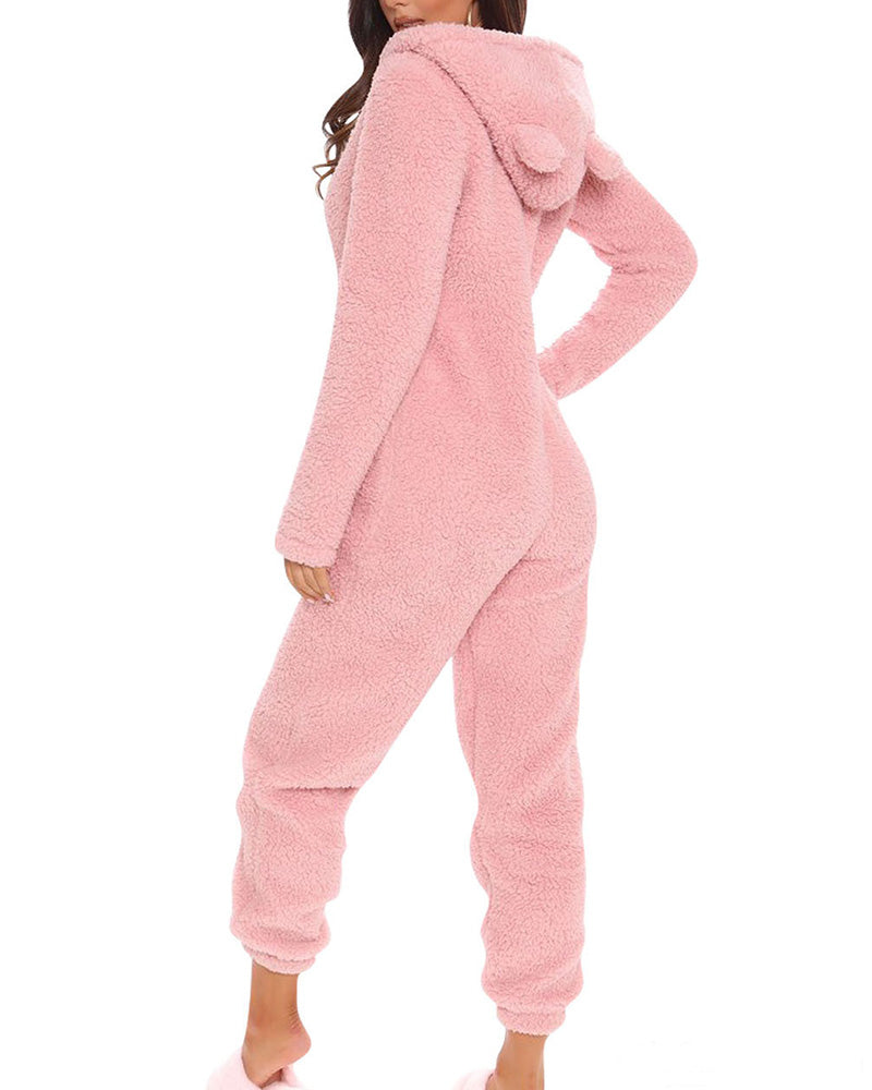 Hoodied Zip Front Fleece Jumpsuit