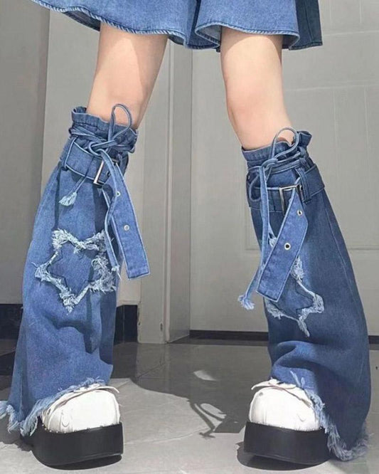 Distressed Midalam Denim Star Leg Warmers