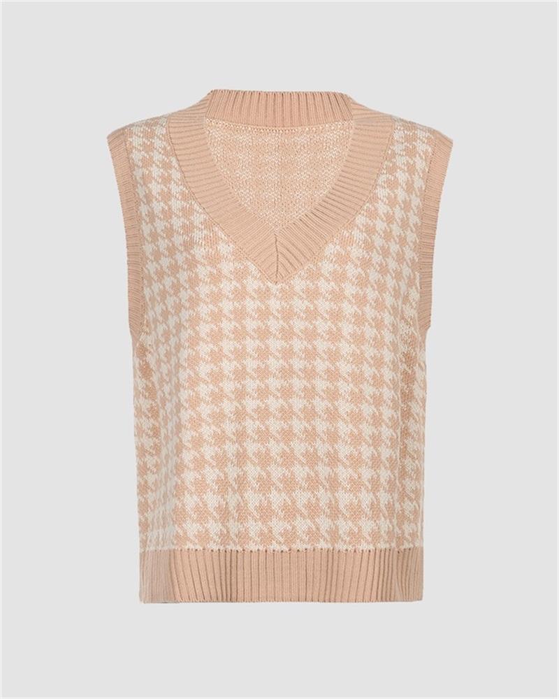 Houndstooth V Neck Sweater Vest